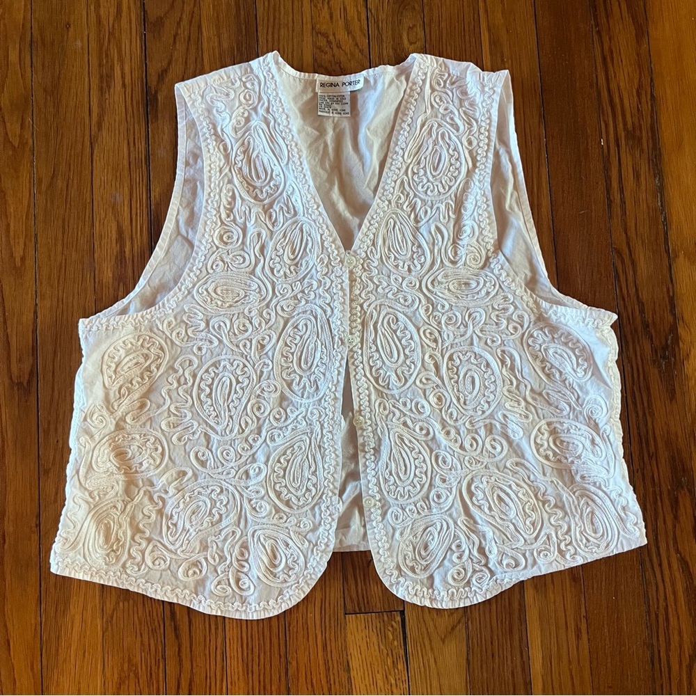 Women's White Embroidered Paisley button down lacey textured Vest
